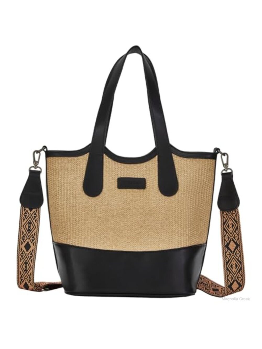 Straw & Vegan Leather Bucket Bag Crossbody Tote Top Handle Purse